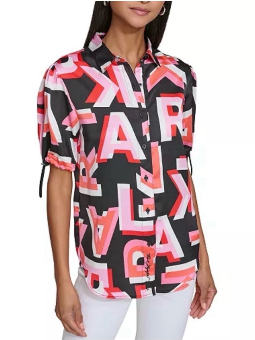 Karl Lagerfeld Paris Women's Logo Letters Print Bungee-Sleeve Blouse Sz M